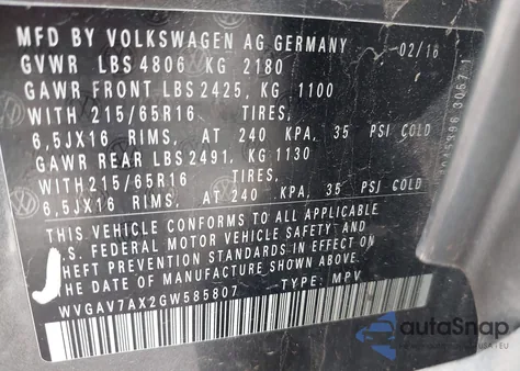 2016 Volkswagen Tiguan S z USA, uszkodzony, nr VIN WVGAV7AX2GW585807